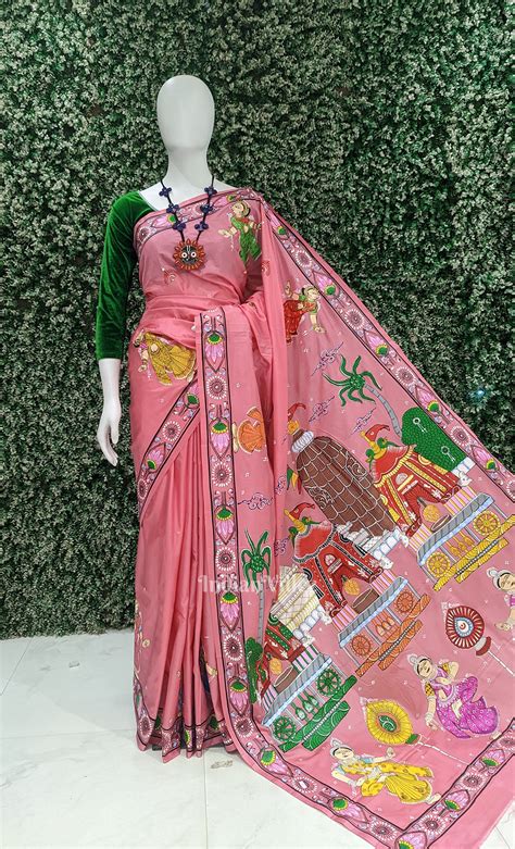 Peach Pink Shree Jagannath Ratha Yatra Hand-Painted Pattachitra Saree ...
