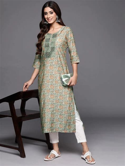 Buy Green Printed Silk Straight Kurta Online at Rs.395 | Libas