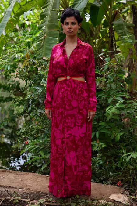 Buy Fuchsia Crepe Shawl Neck Venus Cut-out Shirt Dress For Women by ...