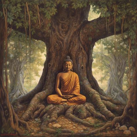 A Beautiful Print of Gautam Buddha Meditating Under an Old Vintage Ban