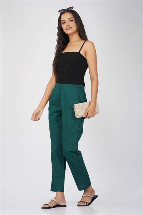 Bottle Green Cotton Pant for Women - SPARSA India