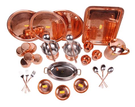 Pure Copper Dinner Set - 28 Pieces - Designer - (Engraved, Embossed De ...