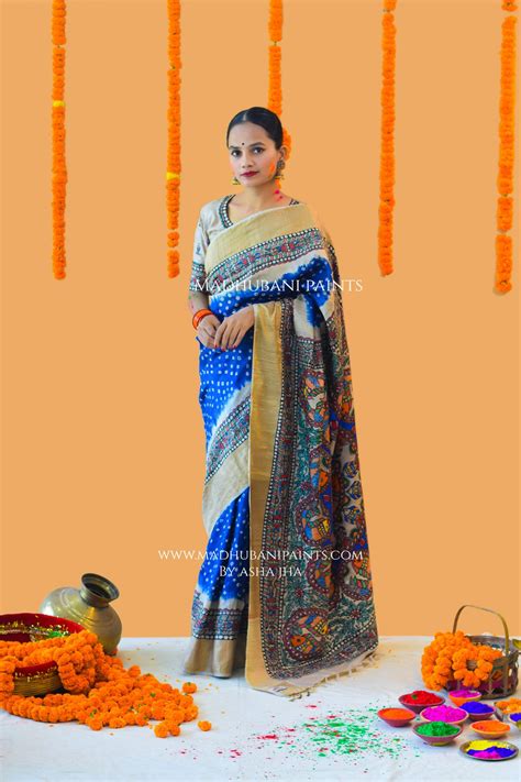 MATSYANGANA Hand-painted Bandhini Madhubani Tussar Silk Saree ...