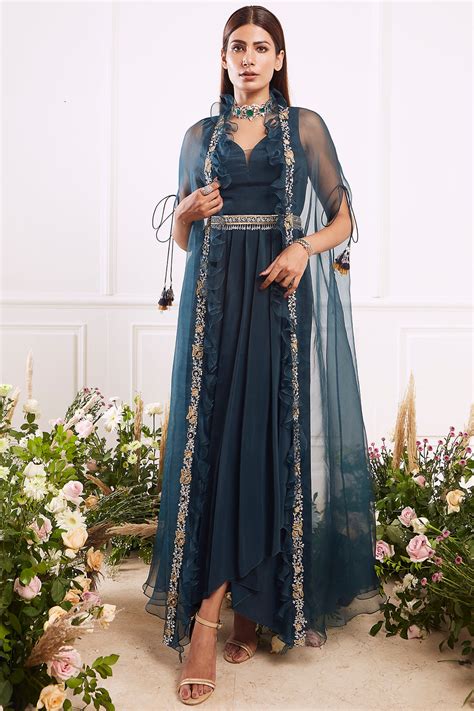 Teal Green Pleated Dress With Cape Jacket – SeemaThukral