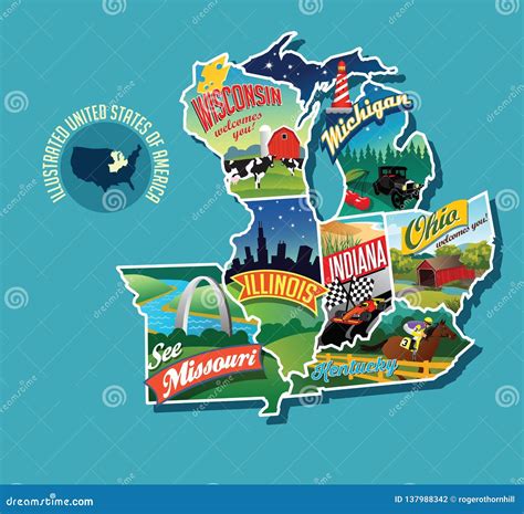 Illustrated Pictorial Map of Midwest United States. Stock Vector - Illustration of elements ...