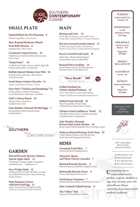 Menu for Soco Restaurant in Orlando, Florida, United States