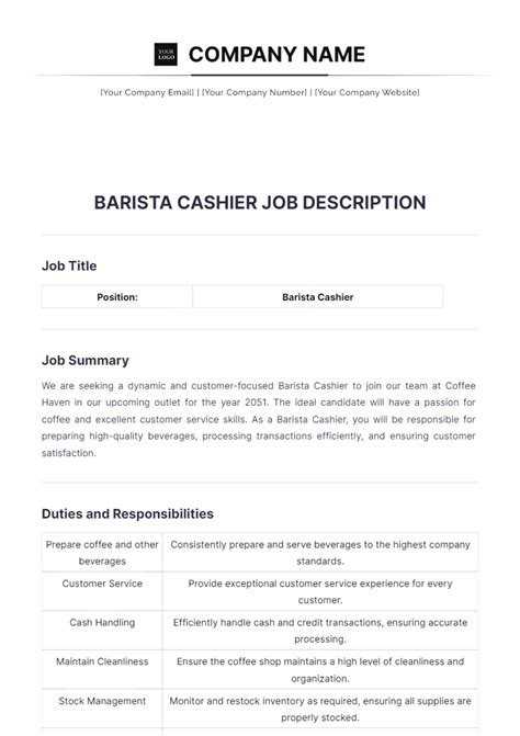 Free Barista Cashier Job Description Template to Edit Online