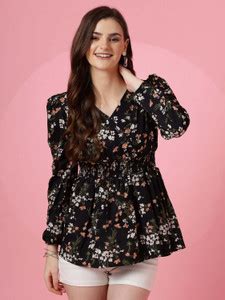 Sheetal Associates Casual Floral Print Women Black Top - Buy Sheetal ...