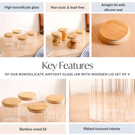 High Borosilicate Airtight Glass Jar With Wooden Lid Set Of 4 610ml ...