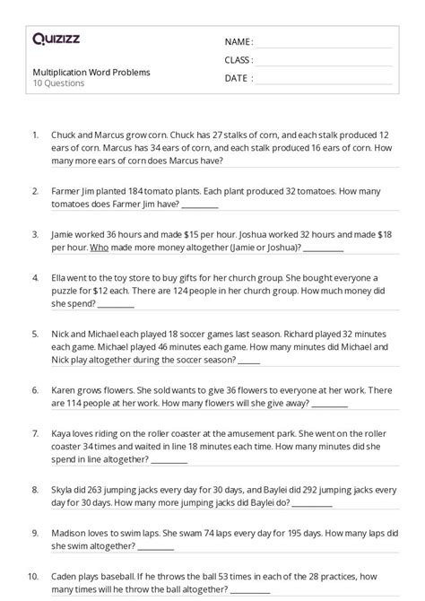 50+ Multiplication Word Problems worksheets for 5th Class on Quizizz ...
