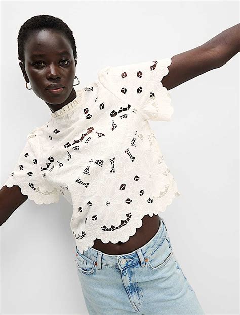 Buy High Neck Cutwork Puff Sleeve Top at Marks & Spencer