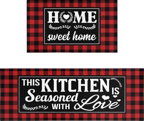 Red Kitchen Mat Rugs Sets of 2 Buffalo Plaid Kitchen Rug Washable Non ...