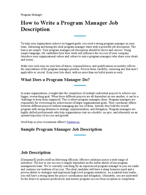 Image result for Program Manager Job Description Sample