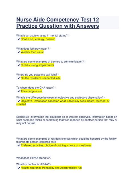 Nurse Aide Competency Test 12 Practice Question with Answers.pd | Exams ...