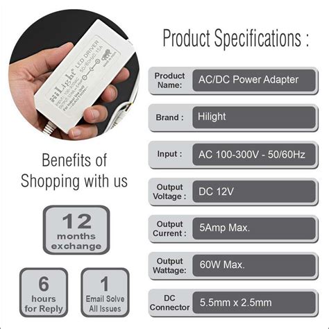 Hilight 12V 5AMP (60W) Adapter for LED Strip, CCTV, Neon Sign, Laptop ...