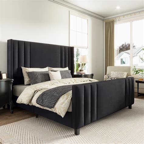 AMERLIFE Queen Velvet Upholstered Bed Frame, Platform Bed with Wingback ...