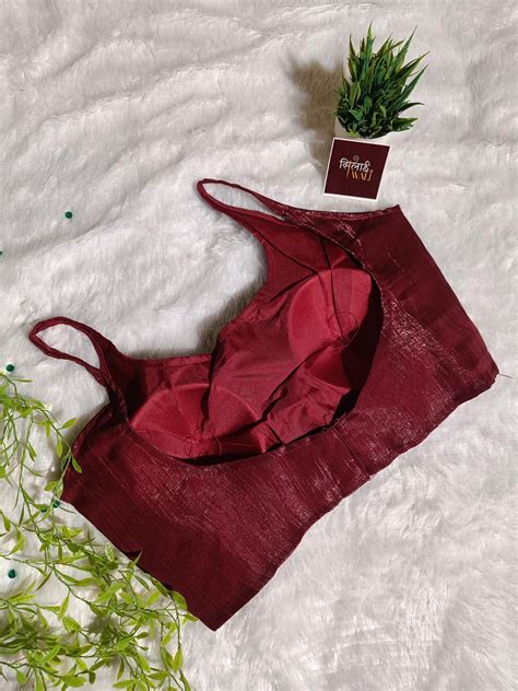 Wine Red Metallic Crinkle Silk Blouse - Readymade U-Neck Saree Blouse ...