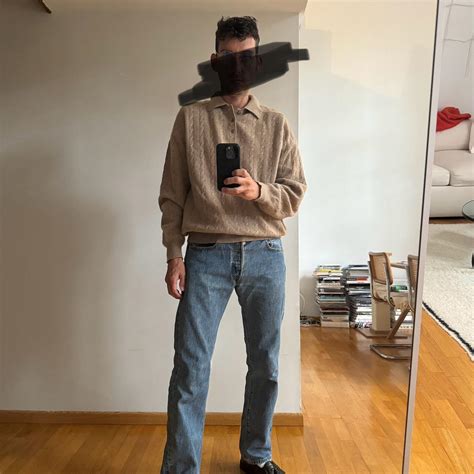 Tan cashmere knit polo shirt front kirkland … lol -... - Depop