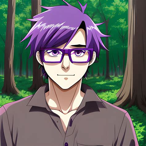 Anime man, purple eyes, glasses, forest background, hyper deform ...