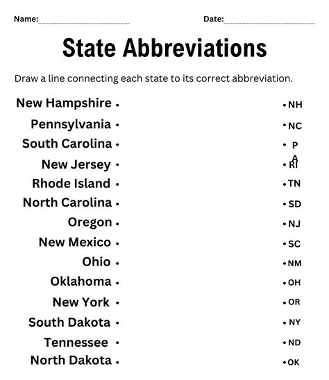 list of us state abbreviations worksheet - state abbreviation matching ...
