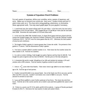 For each system of equations, define your variables, write a system of ...