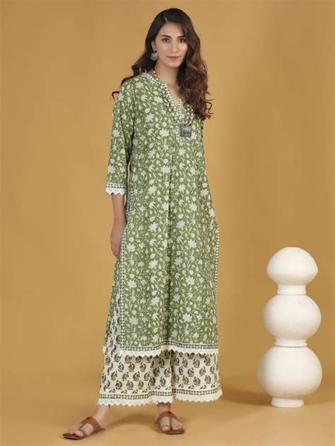 Green Printed Cambric Cotton Kurta
