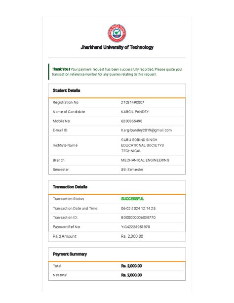 Jharkhand University of Technology - Student Details Registration No ...