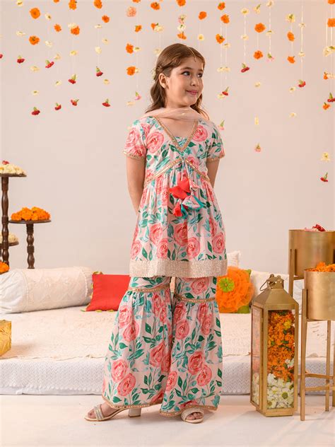 Buy Sha Peach Floral Sharara Set Online