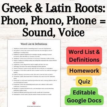 Greek & Latin Roots Vocabulary Phon, Phono, Phone = Sound Homework Quiz ...