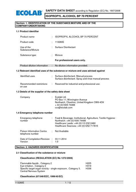 Safety Data Sheet Isopropyl Alcohol 70 at Rickey Park blog