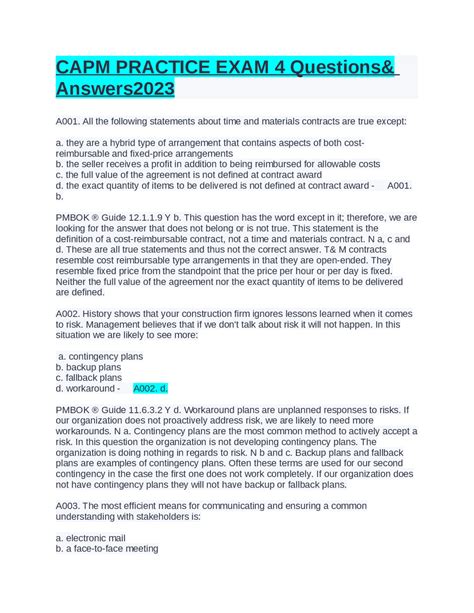 CAPM PRACTICE EXAM 4 Questions& Answers2023. | Exams Nursing | Docsity