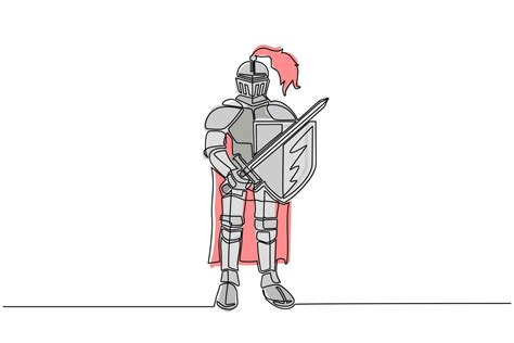 Single continuous line drawing medieval knight in armor, cape, helmet ...