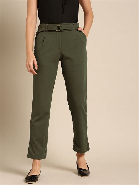 Buy DressBerry Women Olive Green Regular Fit Solid Trousers - Trousers ...