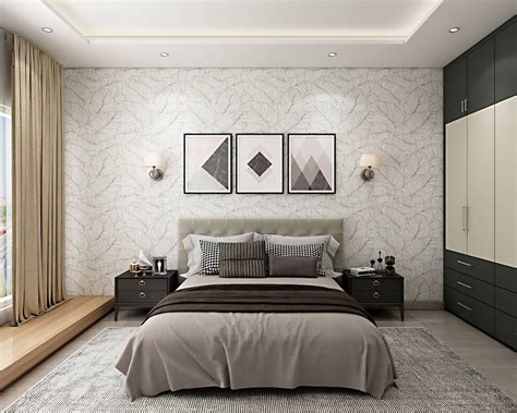 Master Bedroom Design With Light Grey Tufted Bed & Wardrobe | Livspace