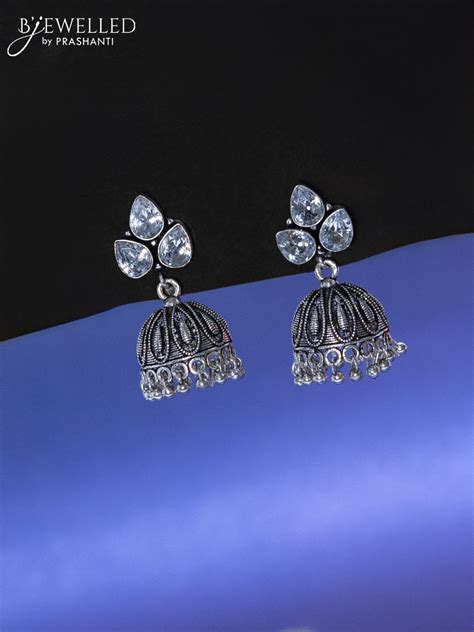 Oxidised jhumka with white stone and hangings – Prashanti Sarees