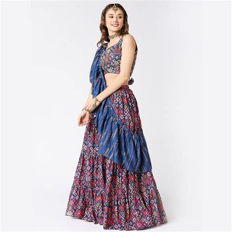 Buy Cobalt Blue Patola Printed And Embroidered Lehenga Set For Women ...