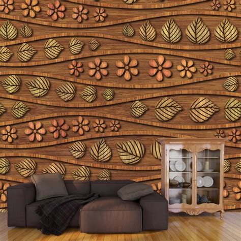 A pattern of leaves and flowers on a wood surface - Magicdecor®