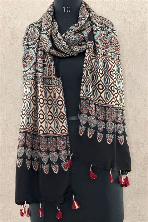 Buy Black String Modal Silk Ajrakh Stole Online - House Of Elegance ...