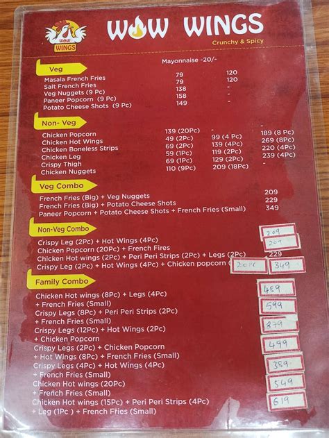 Menu at Wow Wings, Hyderabad