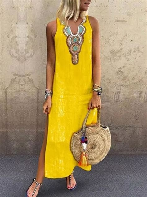Women Ethnic V Neck Sleeveless Comfy Vacation Maxi Dress | noracora