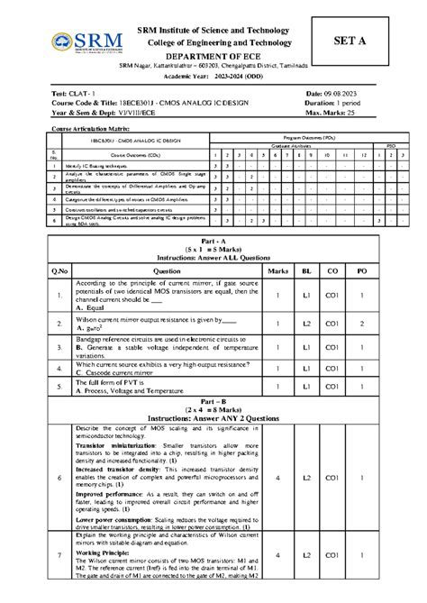 CLAT1 QP B1 Set A Answer key - SRM Institute of Science and Technology ...