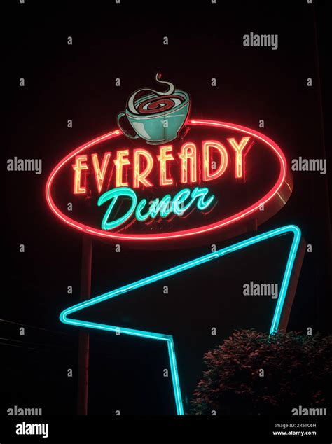 Eveready Diner vintage neon sign at night, Hyde Park, New York Stock ...