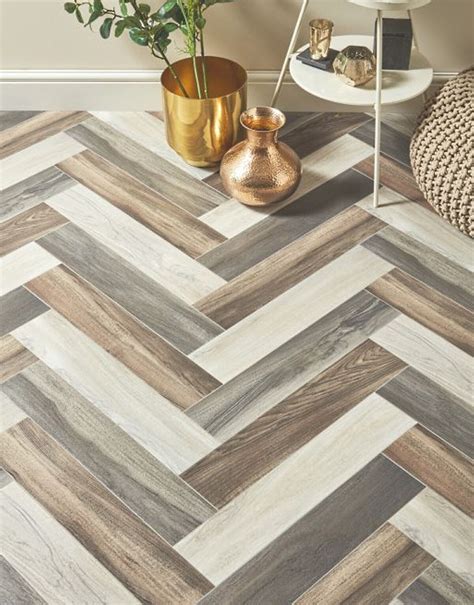 HERRINGBONE Cushion Floor VINYL FLOORING Brown Grey Kitchen Bathroom ...