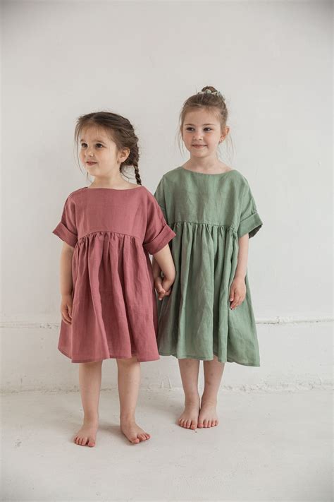 Short Sleeve Sage Green Pink Dress, Ramie Kids Minimalistic Dress Light ...