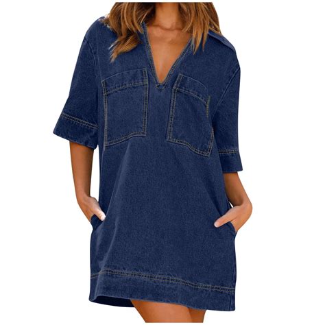 APEXFWDT Denim Shirt Dress Women with Pockets Short Sleeve Loose Fit V ...