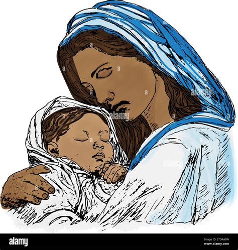 Illustration of an African Mary and baby Jesus, nativity scene Stock ...