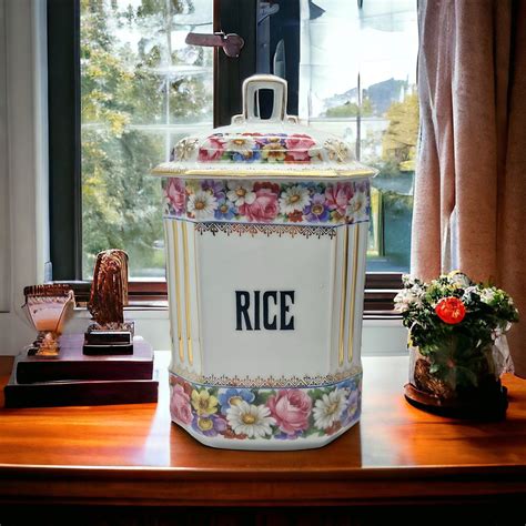 Vintage Rice Porcelain Canister Rose Pattern Floral Cottage Decor ...