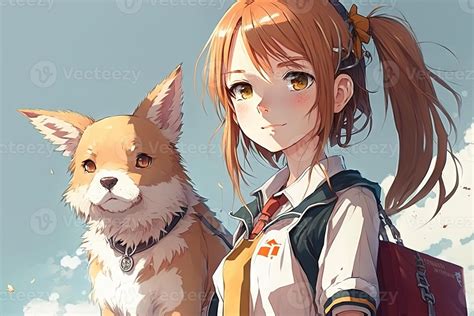 bonito anime colegio niña con un perro mirando a usted ilustración ...