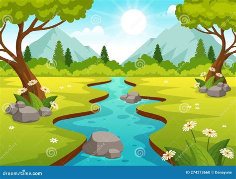 River Landscape Illustration with View Mountains, Green Fields, Trees and Forest Surrounding the ...