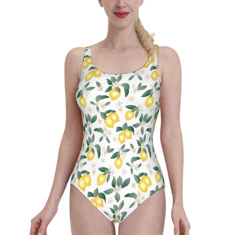 Lemons On White One Shoulder Ruffle Swimsuit One Piece Print Swimwear ...